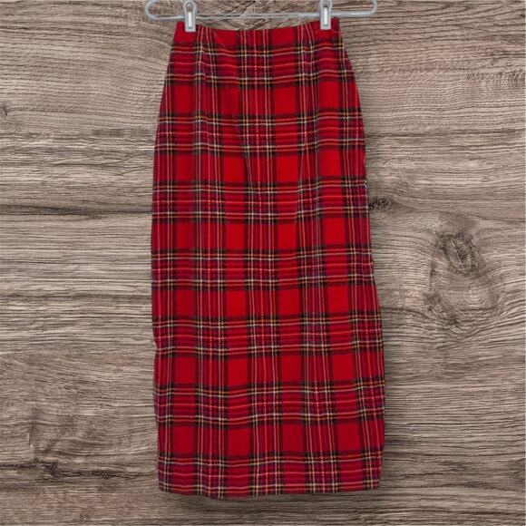 Vintage Red Velvet Plaid Tartan Midi Pencil Skirt Womens XS Holiday Christmas - Picture 1 of 5